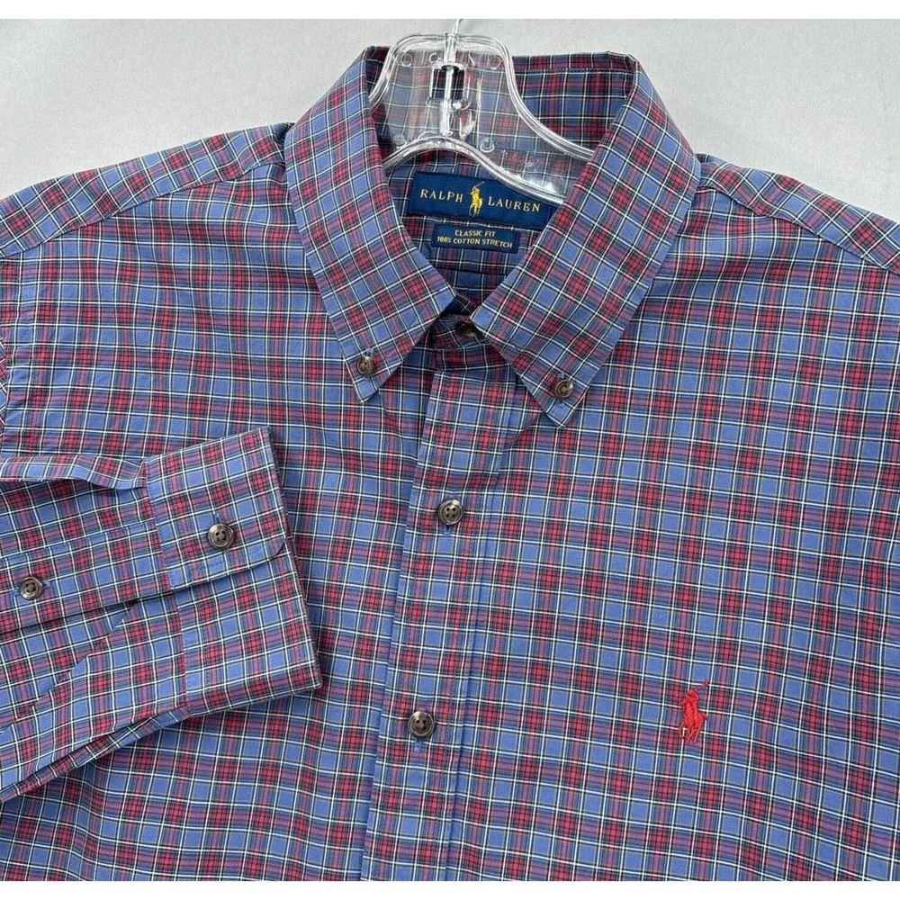 Ralph Lauren Shirt Mens Large Blue Red Plaid Button Up Tartan Cotton‎ Stretch